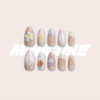 Dreamy Hawaii – Pink & Blue Color-Block Long Oval Press-On Nails (Starfish/Shell + Iridescent 3D Glow)
