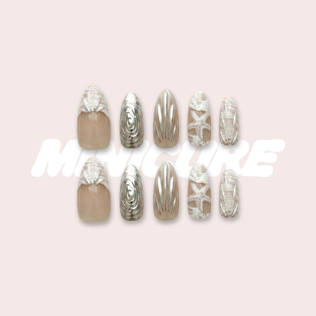 Seaside Ivory – Sheer Nude-Pink & Milky White Long Oval Press-On Nails (Satin Wave + Pearl Glow)