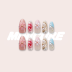 Opal Blush – 3D Floral Aurora Almond Press-On Nails (Medium-Long)