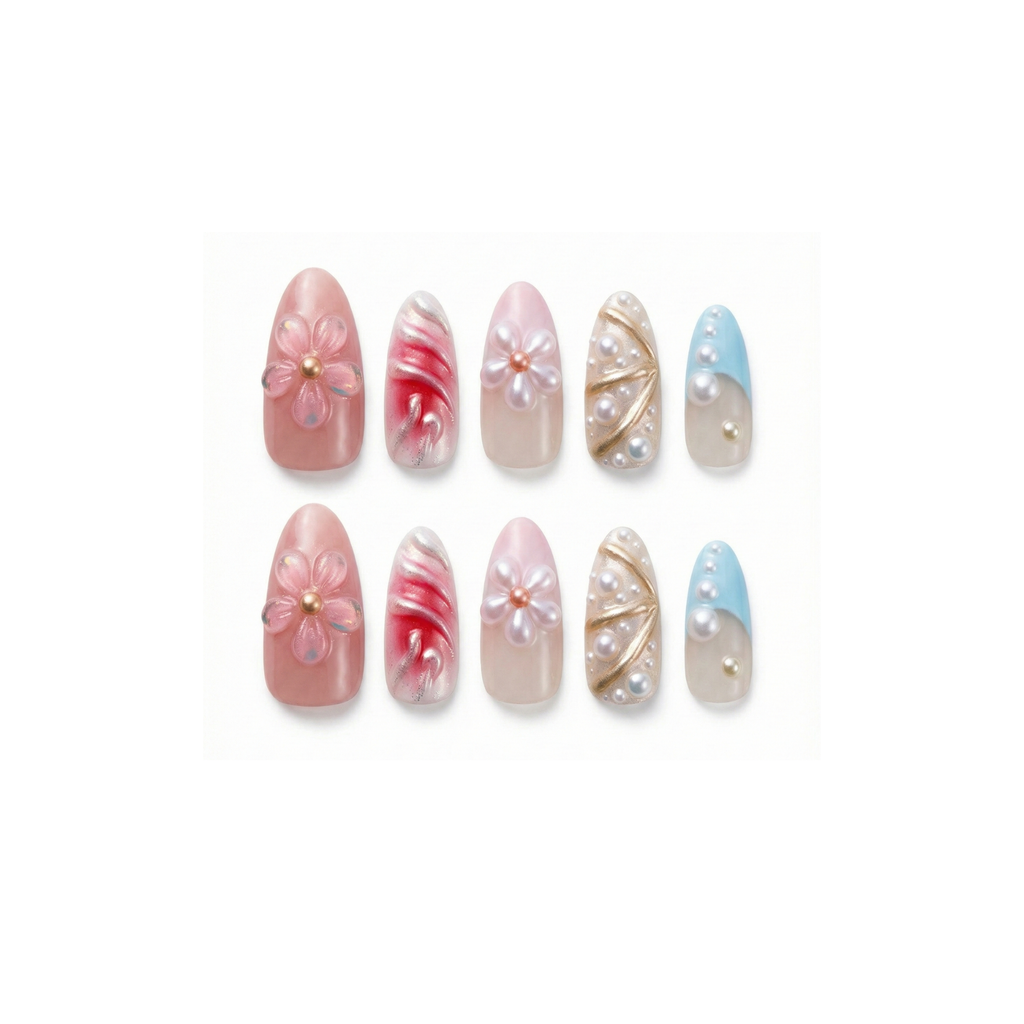 Opal Blush – 3D Floral Aurora Almond Press-On Nails (Medium-Long)