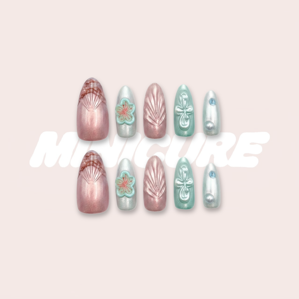 Aqua Jelly – Pink & Green Color-Block Long Oval Press-On Nails (Bow/Leaf Vein/Floral + Pearl 3D Glow)