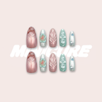 Aqua Jelly – Pink & Green Color-Block Long Oval Press-On Nails (Bow/Leaf Vein/Floral + Pearl 3D Glow)