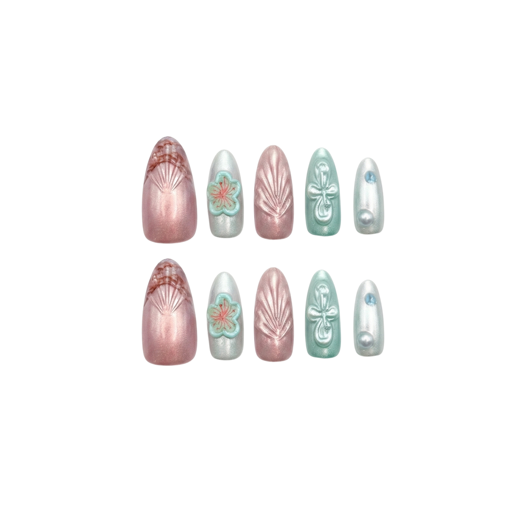 Aqua Jelly – Pink & Green Color-Block Long Oval Press-On Nails (Bow/Leaf Vein/Floral + Pearl 3D Glow)