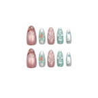 Aqua Jelly – Pink & Green Color-Block Long Oval Press-On Nails (Bow/Leaf Vein/Floral + Pearl 3D Glow)