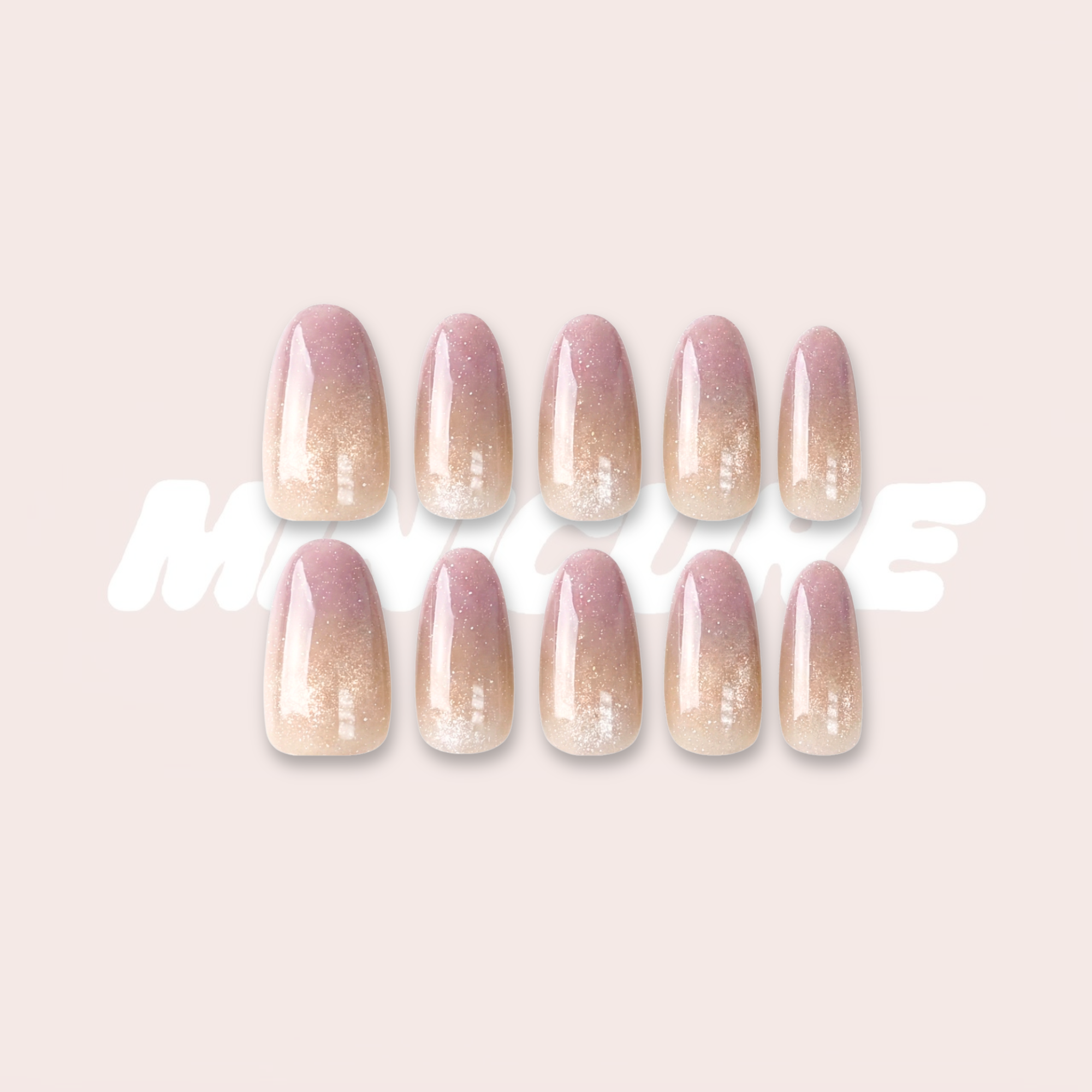 lum Kiss (Medium) – Lilac-to-Beige Gradient Medium Oval Press-On Nails (Holographic Powder Glow)