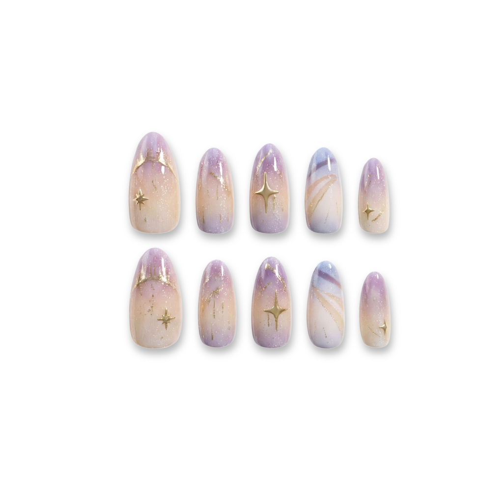 Purple Cosmos – Nude-Pink to Smoky Purple Long Oval Press-On Nails (Gold Foil + Iridescent Shimmer)