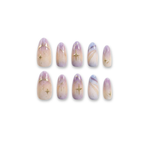 Purple Cosmos – Nude-Pink to Smoky Purple Long Oval Press-On Nails (Gold Foil + Iridescent Shimmer)
