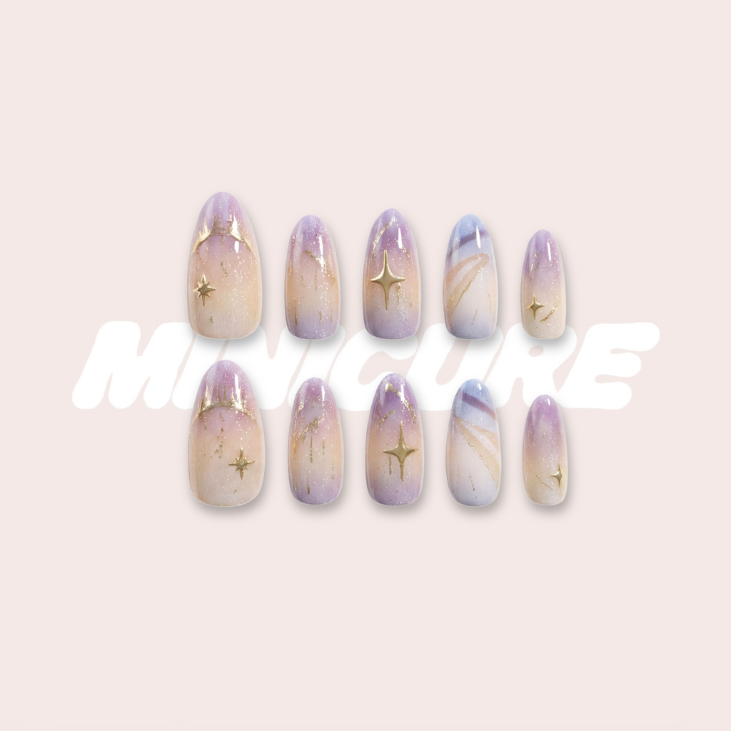 Purple Cosmos – Nude-Pink to Smoky Purple Long Oval Press-On Nails (Gold Foil + Iridescent Shimmer)