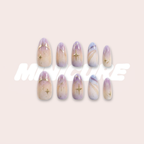 Purple Cosmos – Nude-Pink to Smoky Purple Long Oval Press-On Nails (Gold Foil + Iridescent Shimmer)