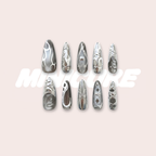 Obsidian Heart – Black-to-Silver Liquid Metal Long Oval Press-On Nails (Mirror + 3D Texture)