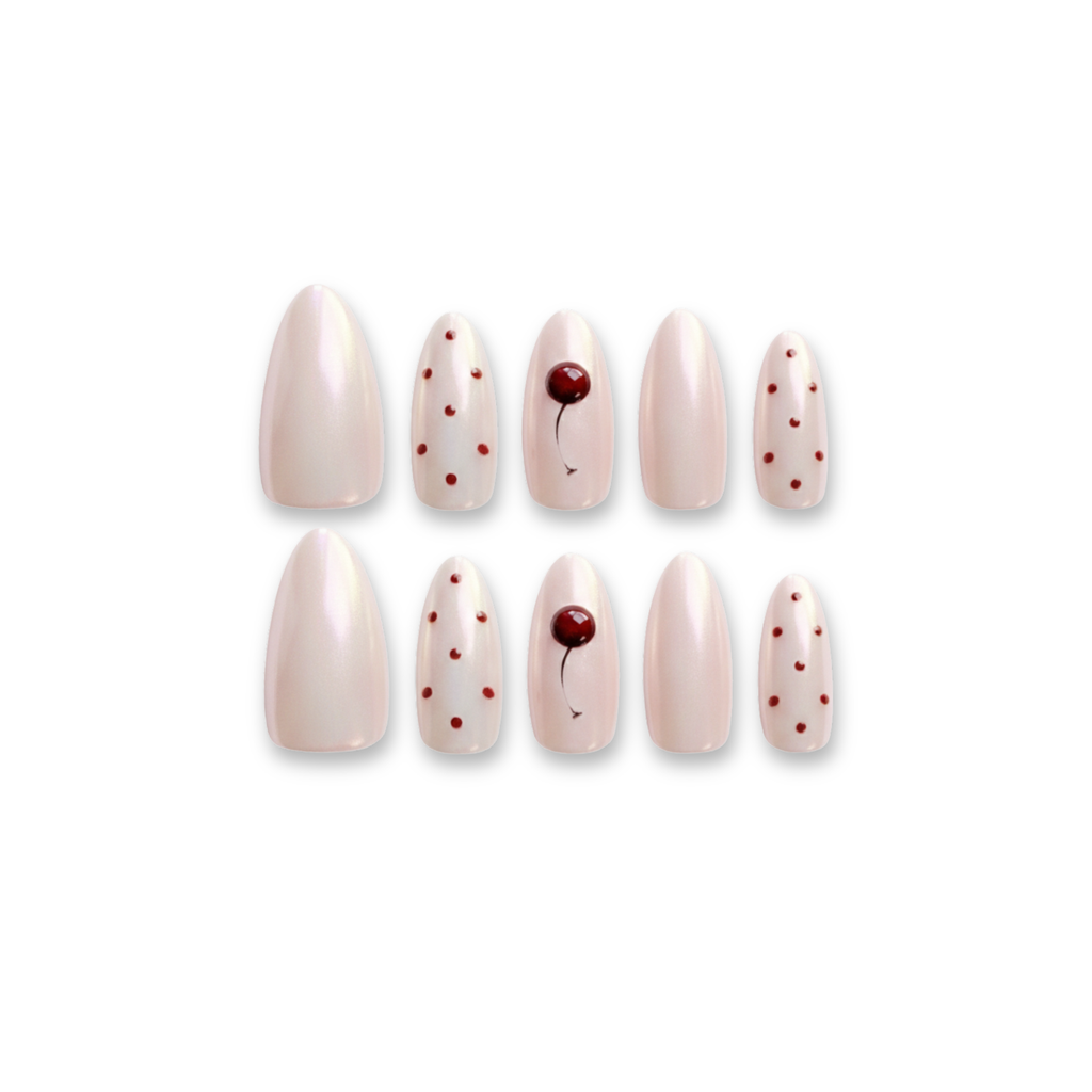Cherry Chill – Y2K Cherry Polka Dot Long Oval Press-On Nails (Iridescent Pastel Glow)
