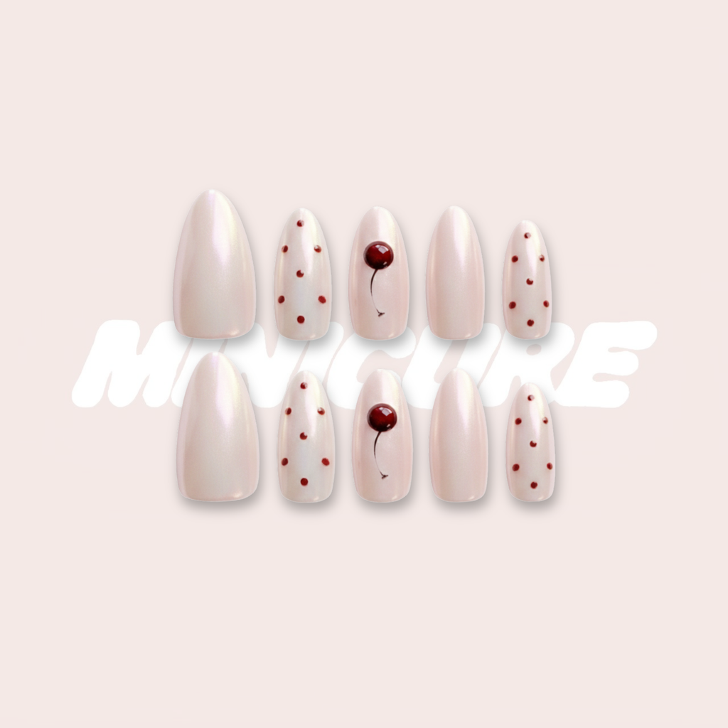 Cherry Chill – Y2K Cherry Polka Dot Long Oval Press-On Nails (Iridescent Pastel Glow)