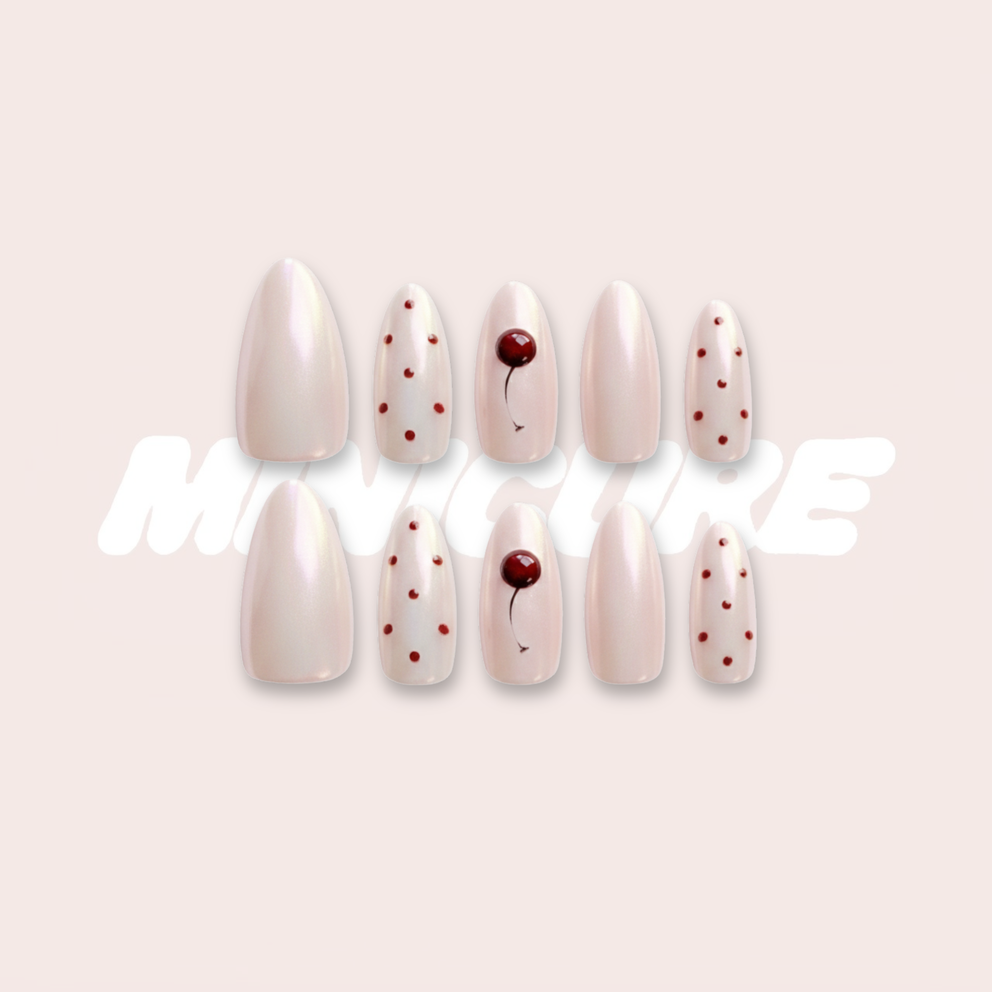 Cherry Chill – Y2K Cherry Polka Dot Long Oval Press-On Nails (Iridescent Pastel Glow)