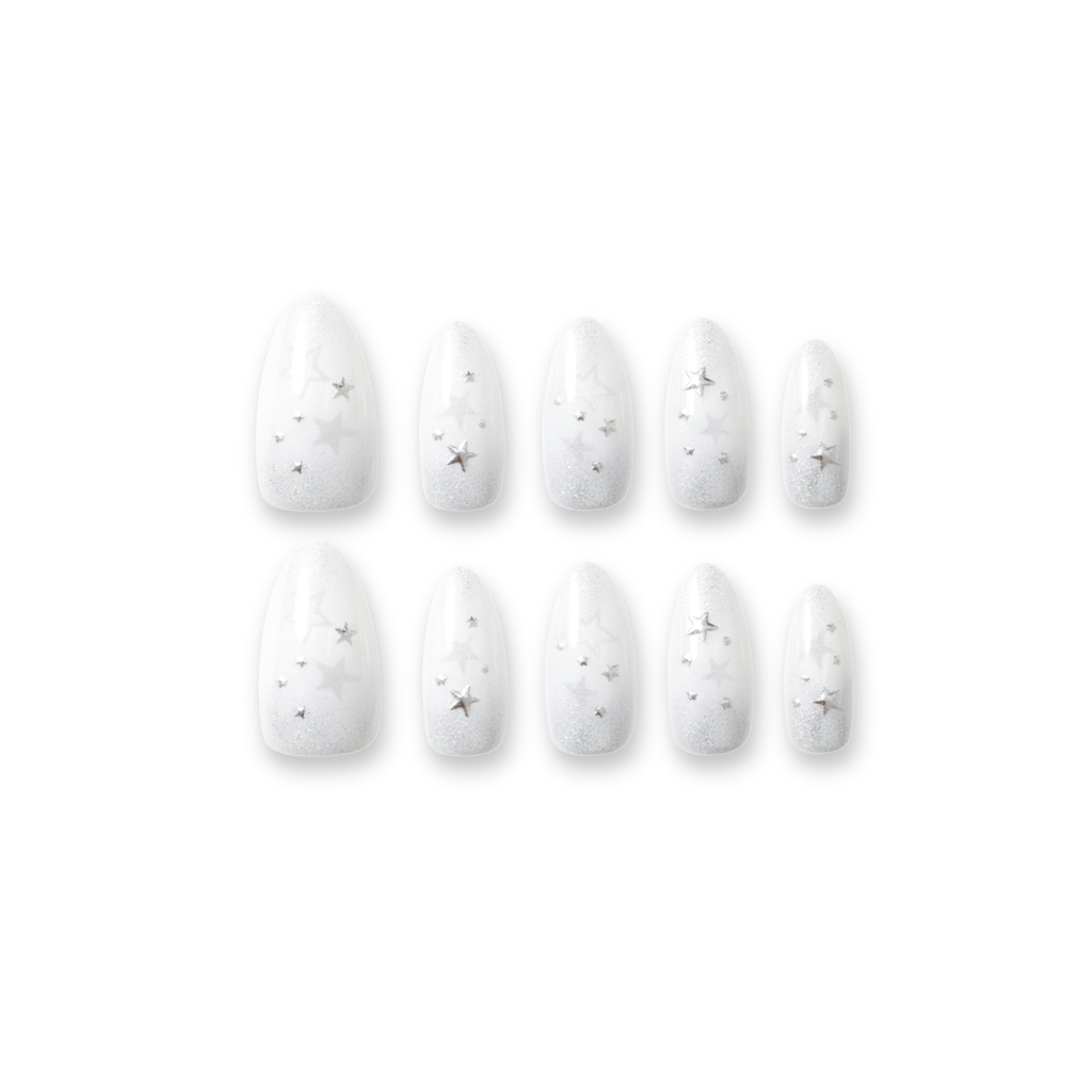 Silver Starlight – Silver Shimmer “Starry” Press-On Nails (High-Impact Sparkle Look)