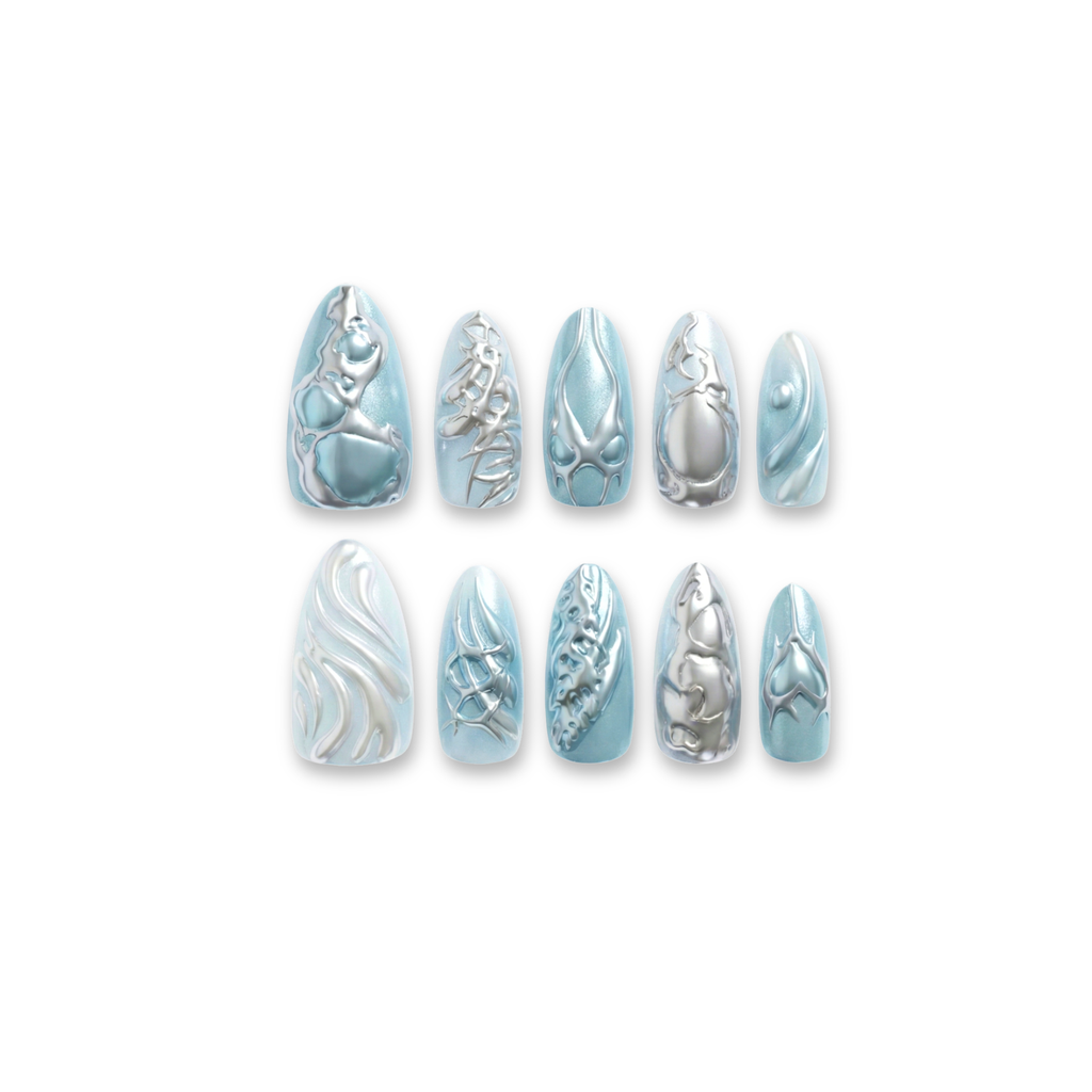 Cyber Frost – Silver/Blue/Black Color-Block Long Oval Press-On Nails (Liquid Metal + Mirror Powder + 3D)