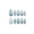 Cyber Frost – Silver/Blue/Black Color-Block Long Oval Press-On Nails (Liquid Metal + Mirror Powder + 3D)