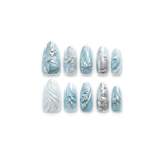 Cyber Frost – Silver/Blue/Black Color-Block Long Oval Press-On Nails (Liquid Metal + Mirror Powder + 3D)