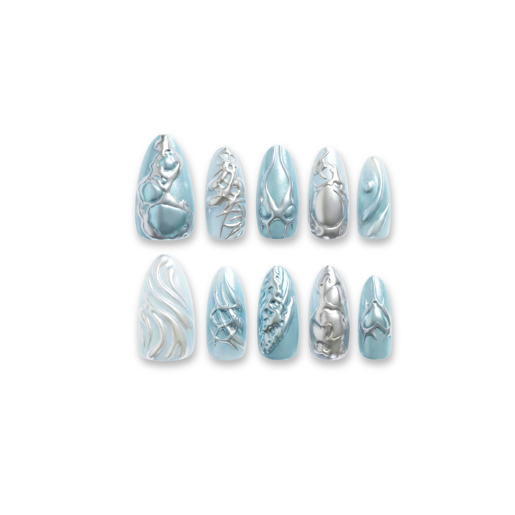 Cyber Frost – Silver/Blue/Black Color-Block Long Oval Press-On Nails (Liquid Metal + Mirror Powder + 3D)