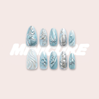 Cyber Frost – Silver/Blue/Black Color-Block Long Oval Press-On Nails (Liquid Metal + Mirror Powder + 3D)