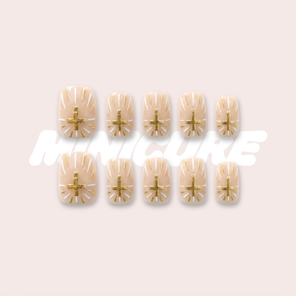 Solar Cross – Champagne Gold Glitter Short Square Press-On Nails (Mirror Powder + Crackle Texture)