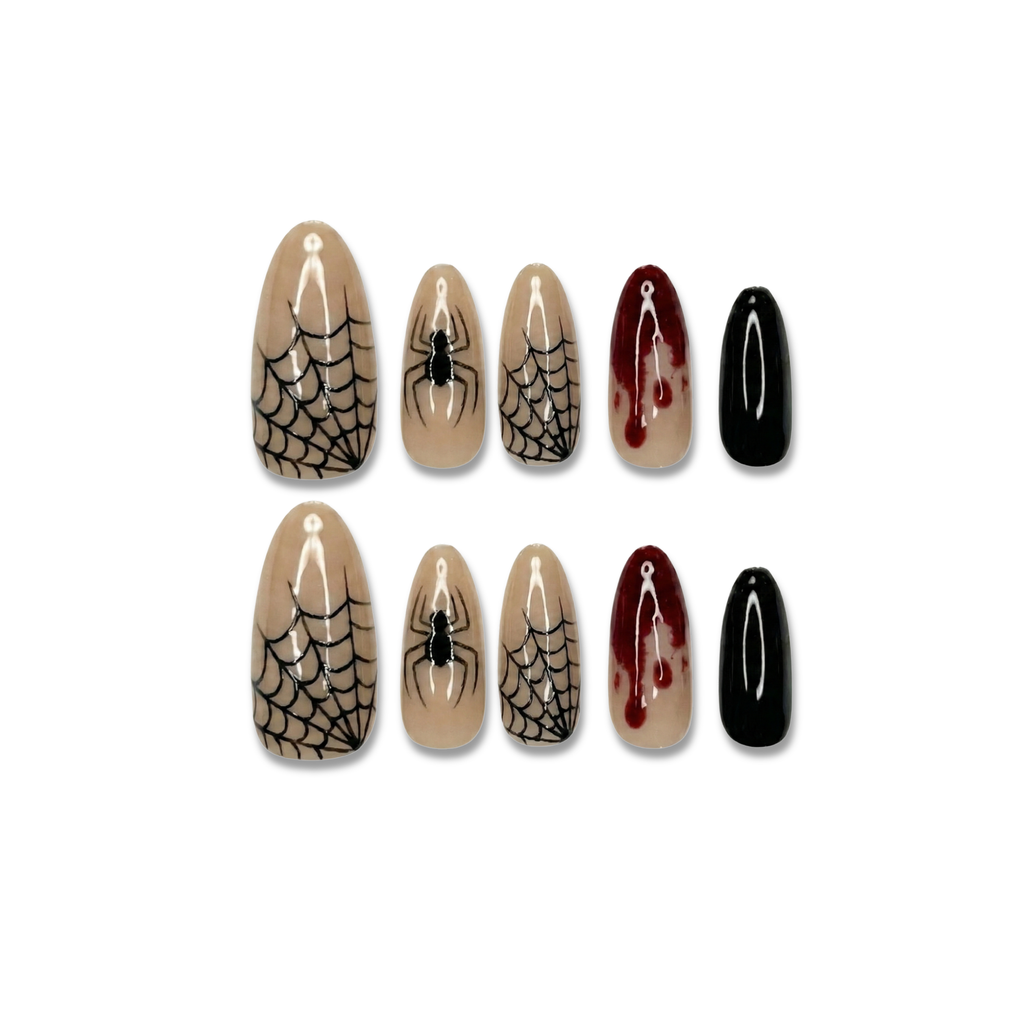 Venom Lace – Gothic Halloween Almond Medium-Length Press-On Nails (Spider Web + 3D Spider + Blood Drips)