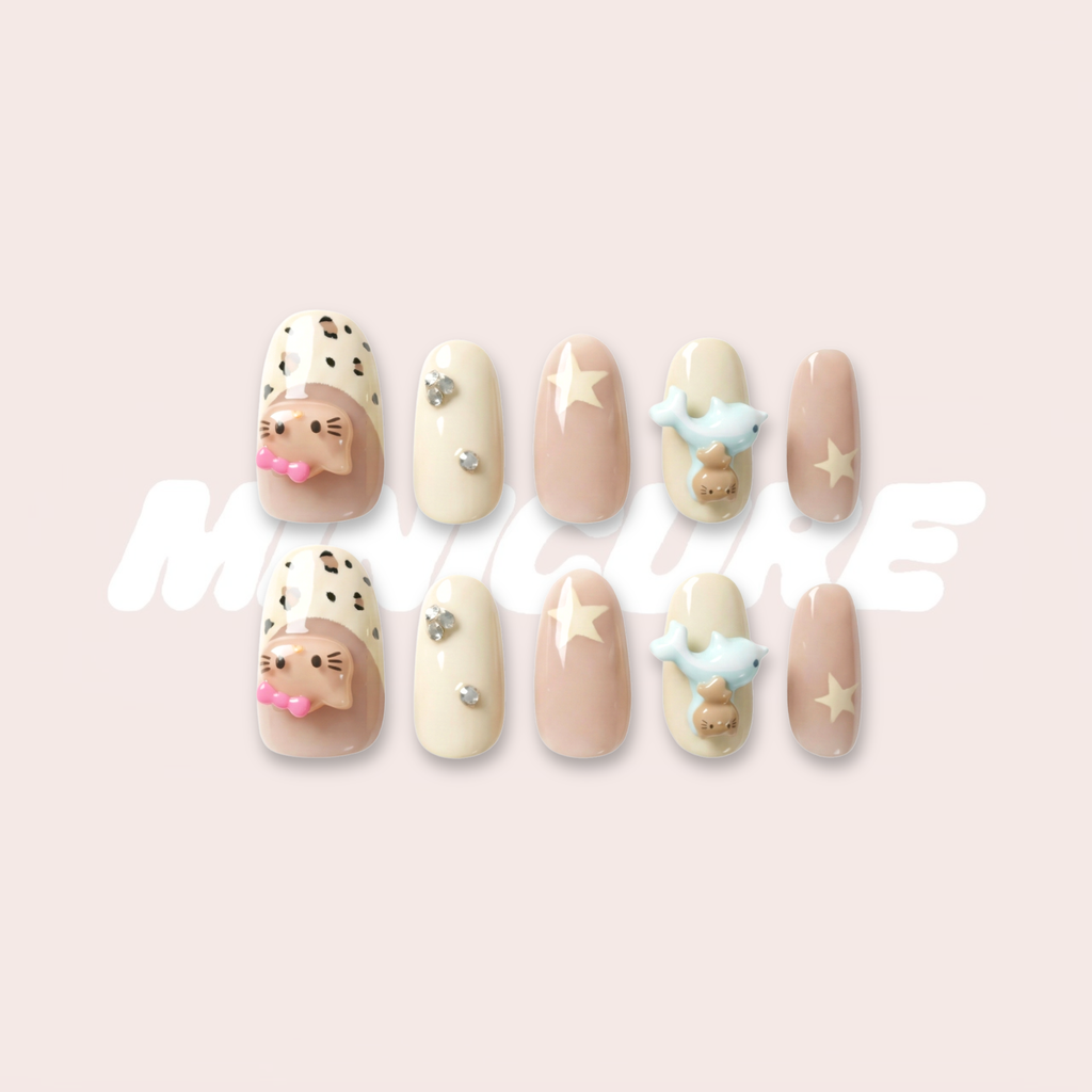 Kitty Splash – Cute “Kitty” Splash Press-On Nails (Playful, Photo-Ready Set)