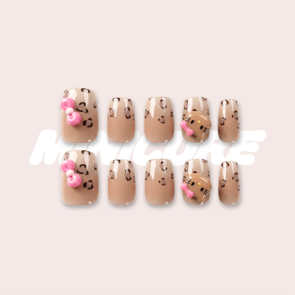 Leopard Kitty – Y2K Leopard Short Square Press-On Nails (3D Kitty + High Gloss)