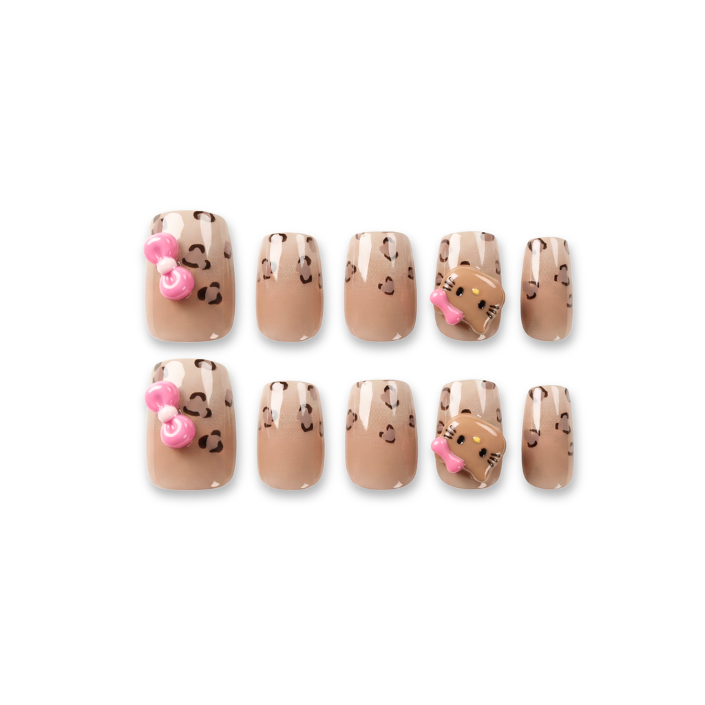 Leopard Kitty – Y2K Leopard Short Square Press-On Nails (3D Kitty + High Gloss)