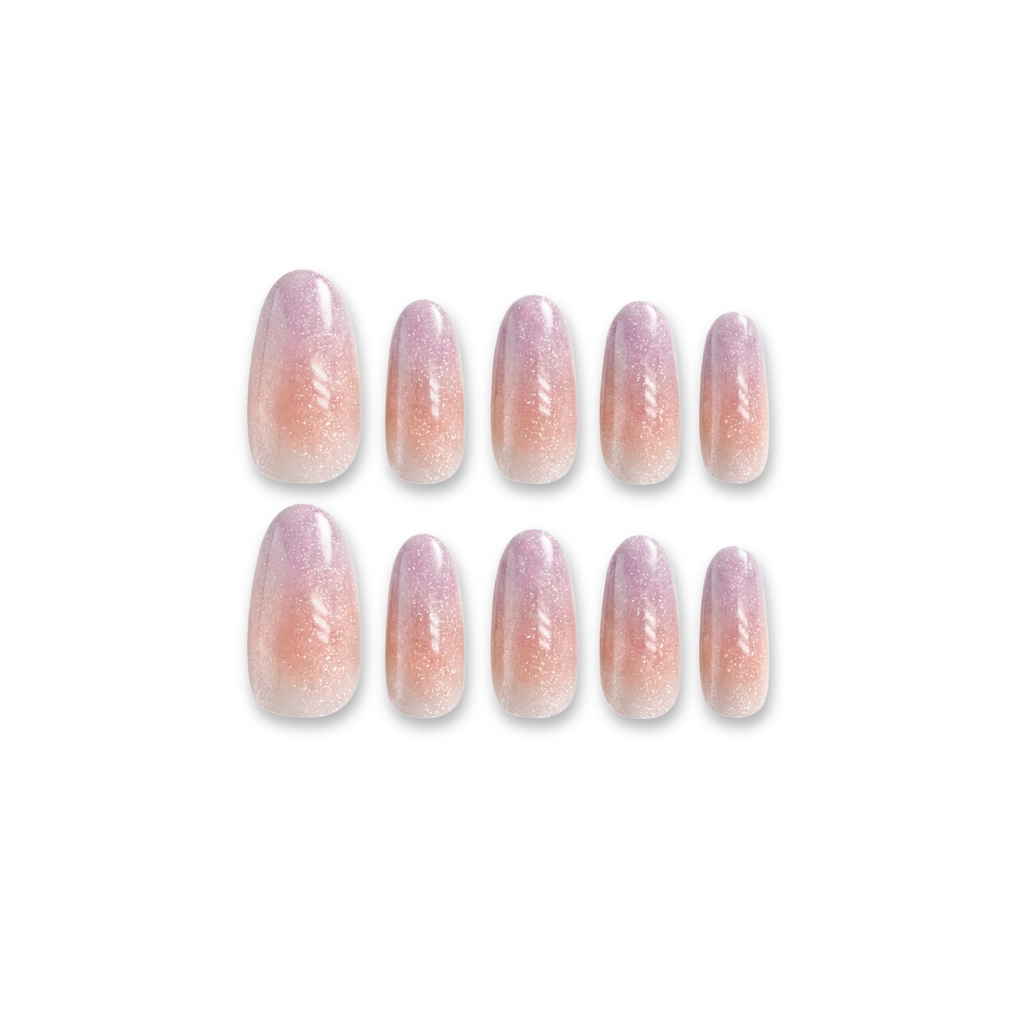Plum Kiss (Long) – Pink-Brown to Smoky Purple Long Oval Press-On Nails (Iridescent + Fine Glitter Shimmer)