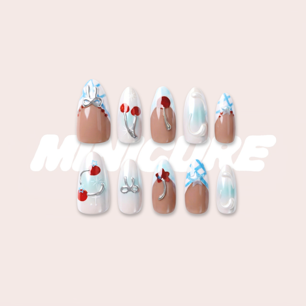 Cherry Pop Blue – Y2K Cherry & Plaid Long Oval Press-On Nails (Iridescent + Mirror Metallic Lines)