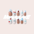 Cherry Pop Blue – Y2K Cherry & Plaid Long Oval Press-On Nails (Iridescent + Mirror Metallic Lines)