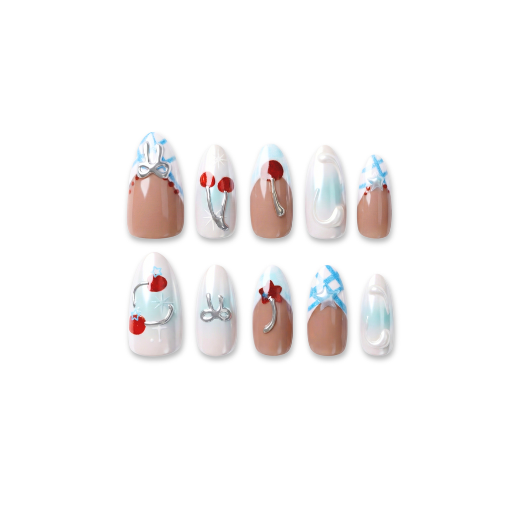 Cherry Pop Blue – Y2K Cherry & Plaid Long Oval Press-On Nails (Iridescent + Mirror Metallic Lines)