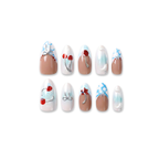 Cherry Pop Blue – Y2K Cherry & Plaid Long Oval Press-On Nails (Iridescent + Mirror Metallic Lines)