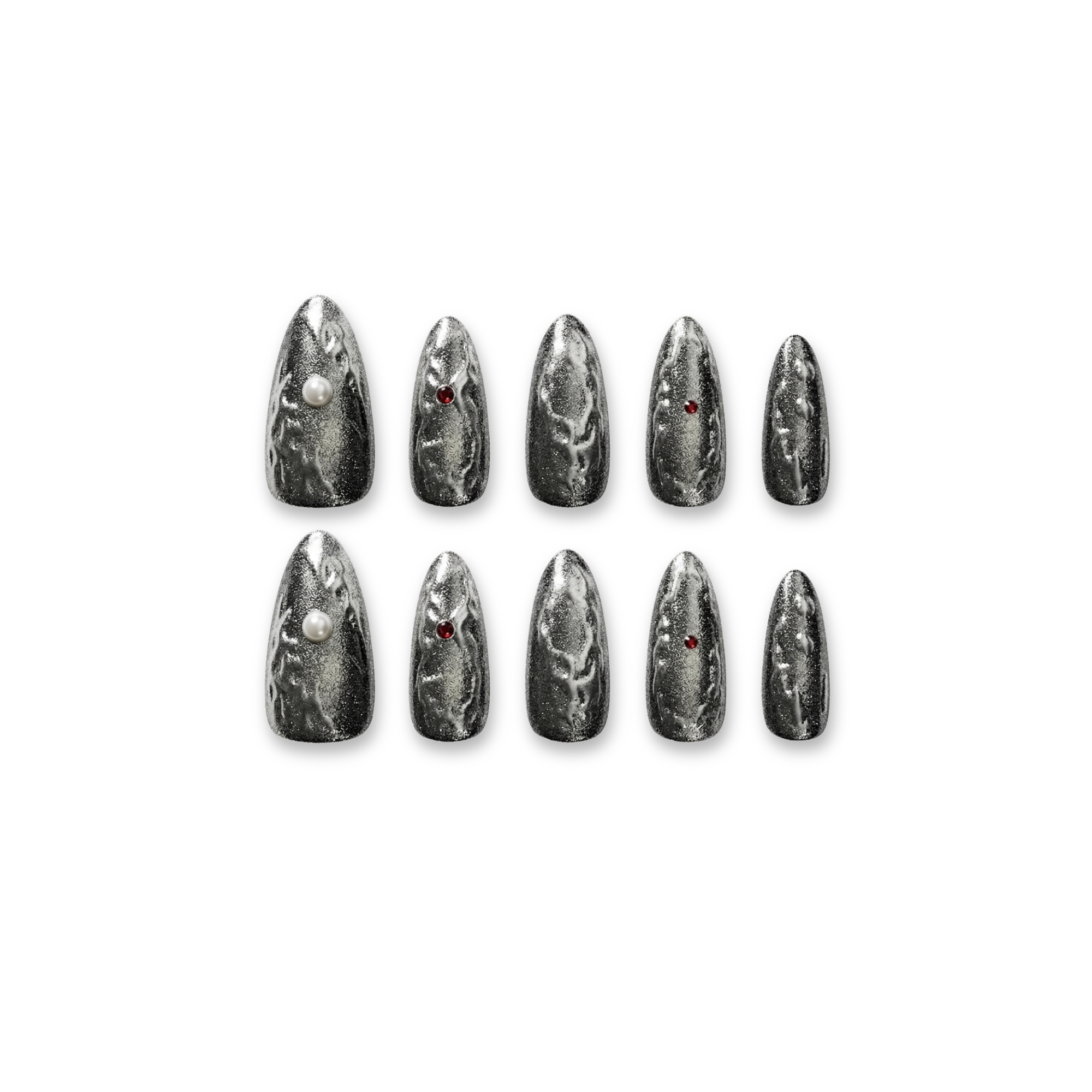 Molten Lava - Silver Gothic Punk Stiletto Press-On Nails (Medium-Long)