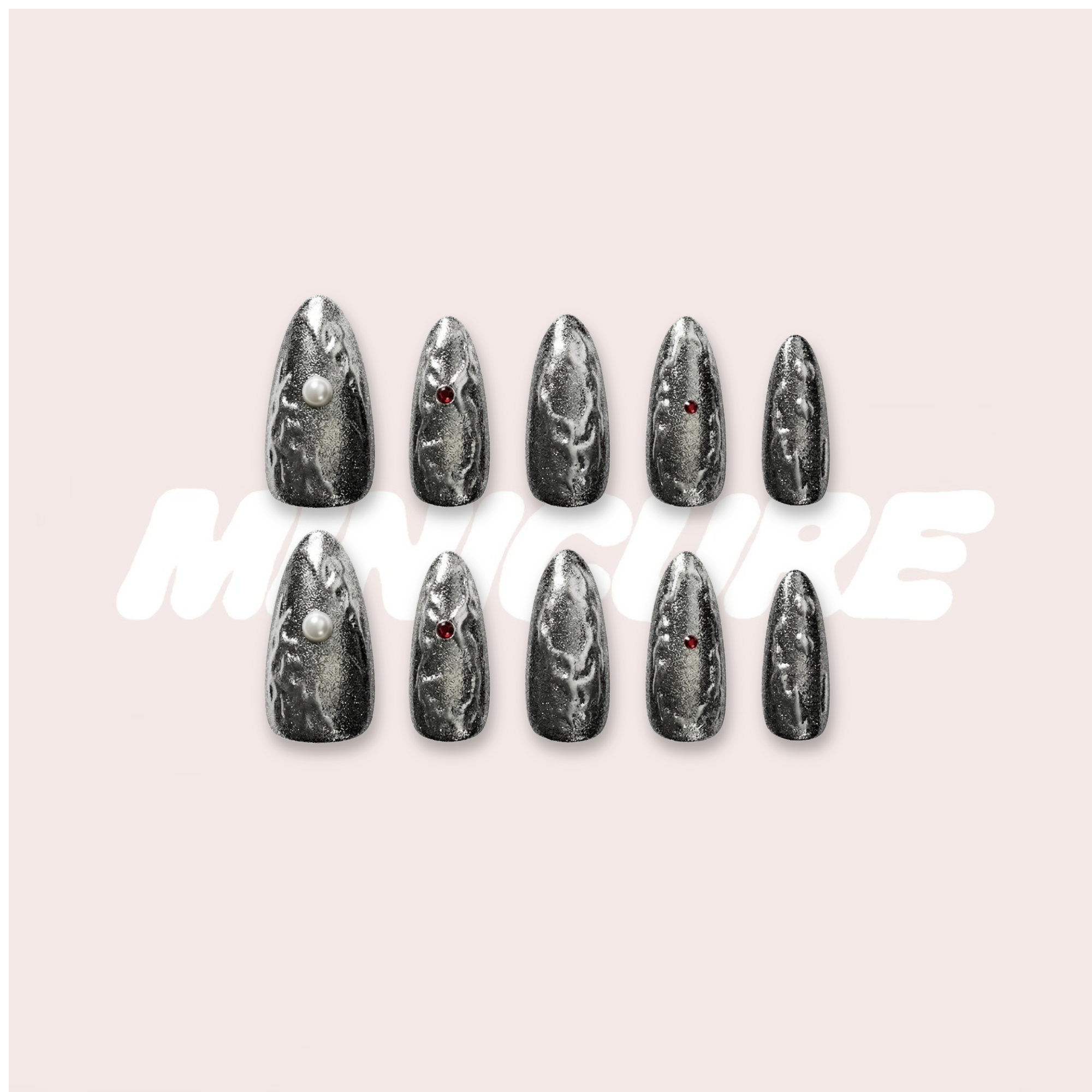 Molten Lava - Silver Gothic Punk Stiletto Press-On Nails (Medium-Long)