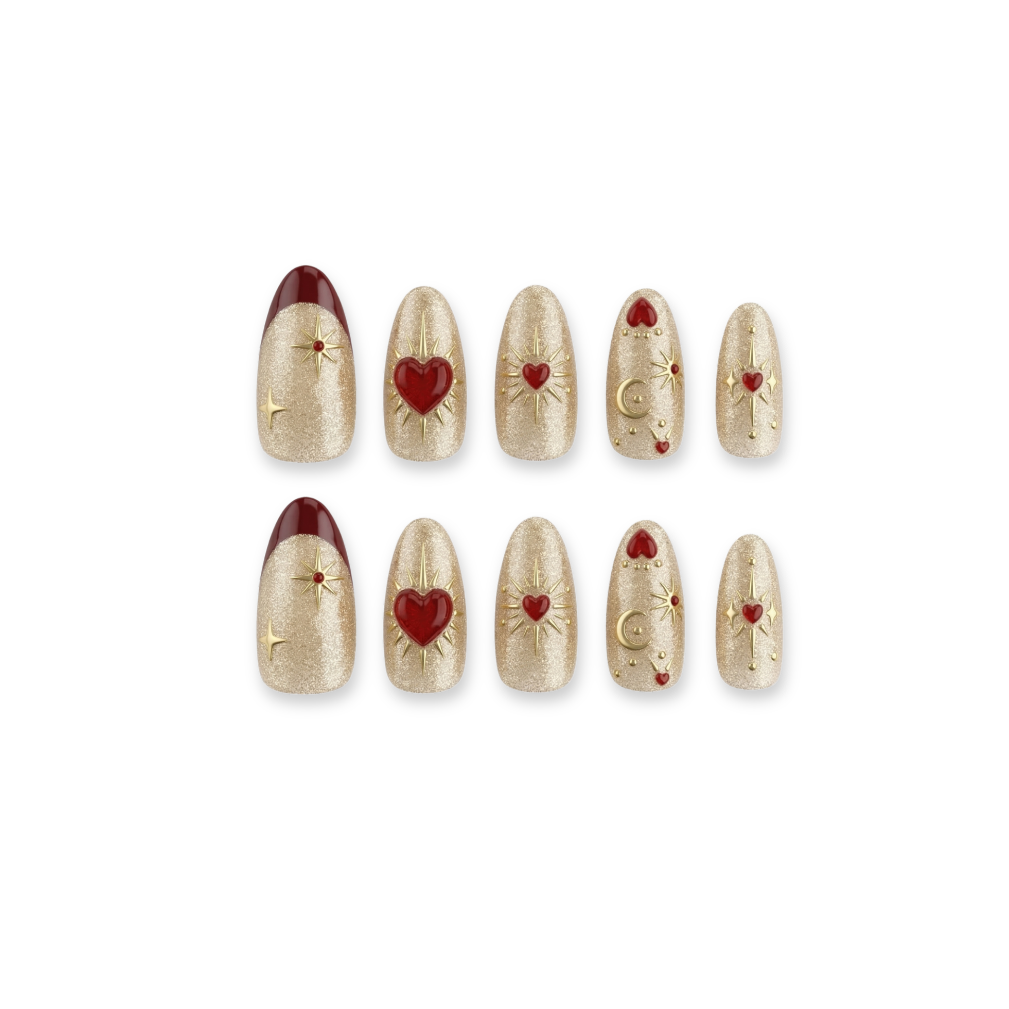 Mystical Tarot - 3D Red Heart Celestial Gold Almond Press-On Nails (Medium - Long)