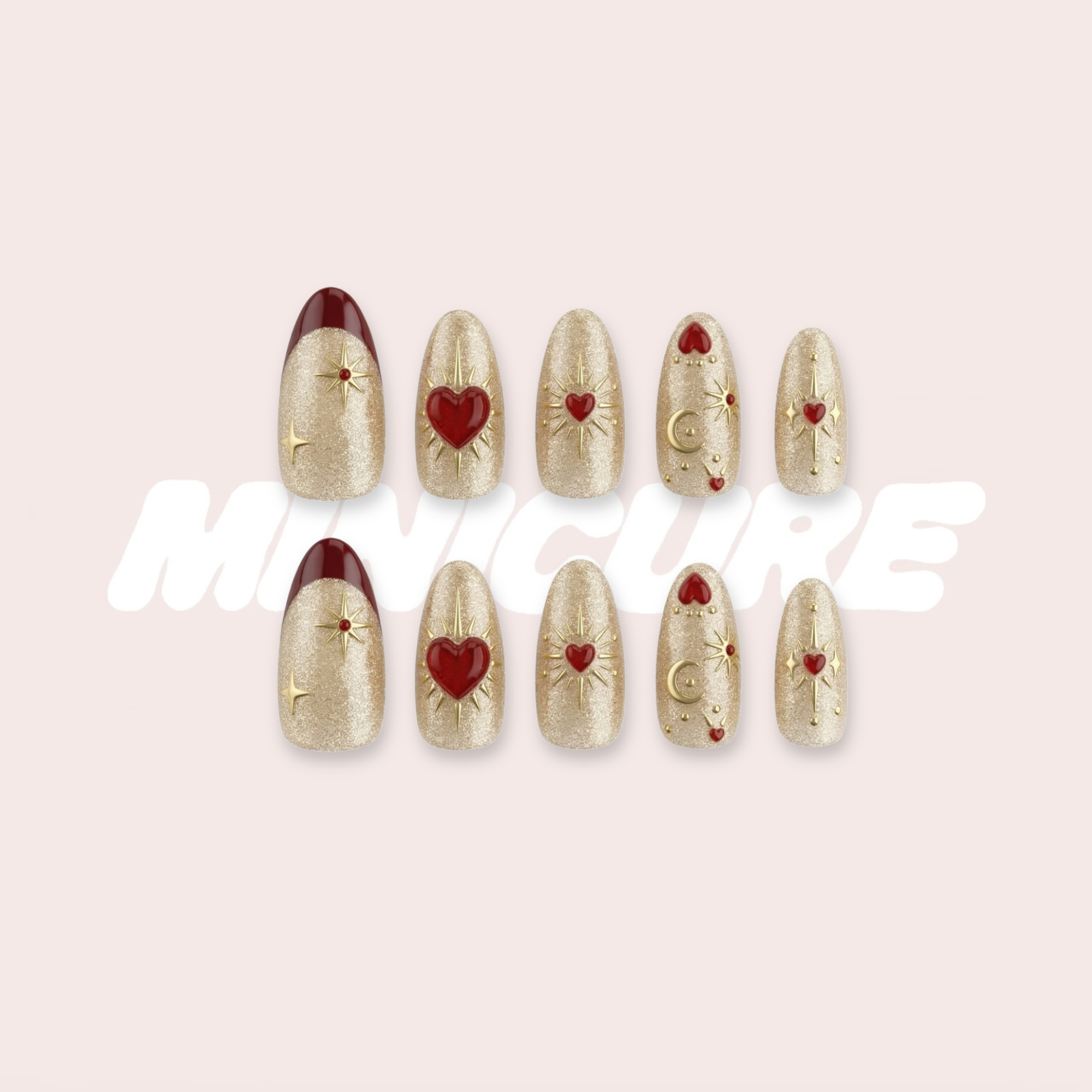 Mystical Tarot - 3D Red Heart Celestial Gold Almond Press-On Nails (Medium - Long)