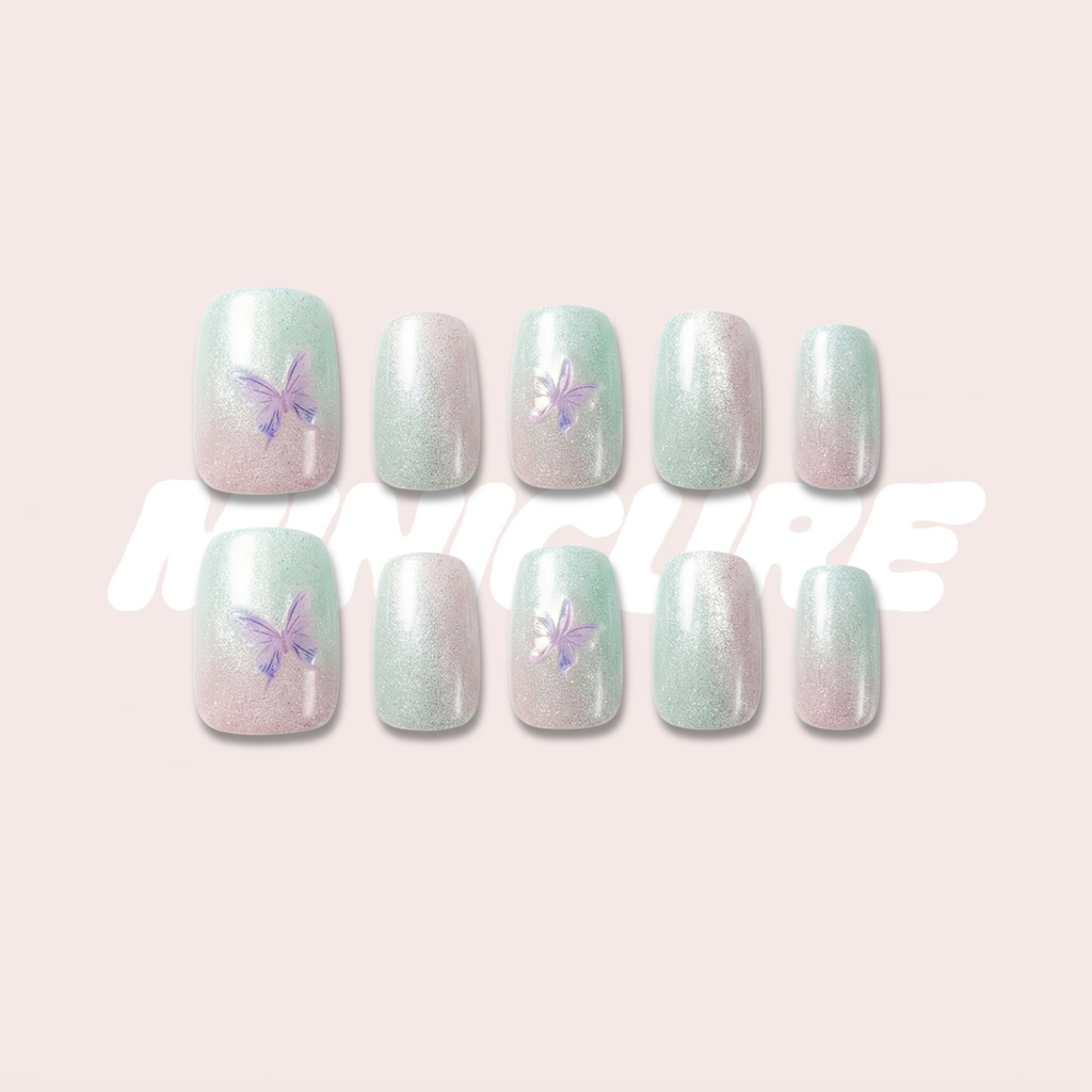 Butterfly Haze – Pink-Green Gradient Short Square Press-On Nails (Butterfly Accents + Cat Eye Shimmer)