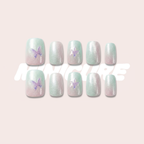 Butterfly Haze – Pink-Green Gradient Short Square Press-On Nails (Butterfly Accents + Cat Eye Shimmer)