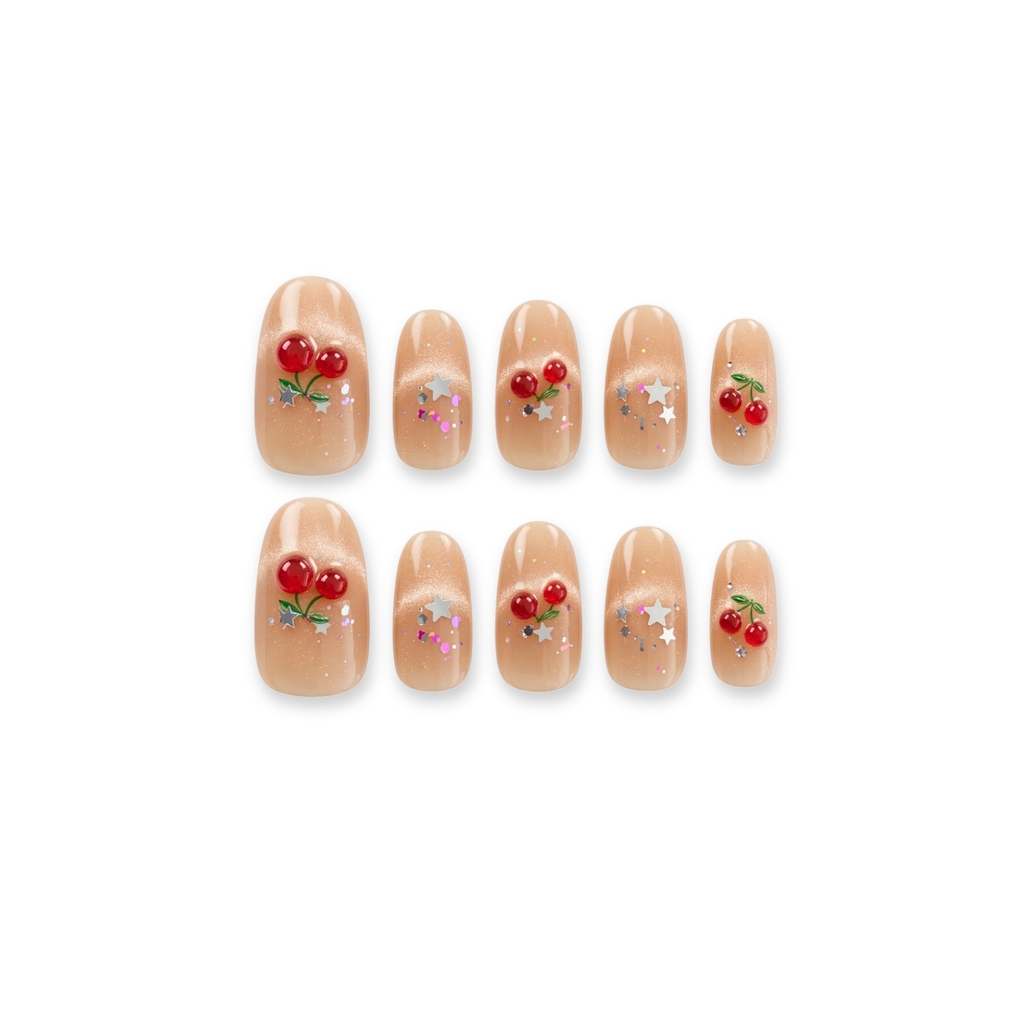 Y2K Cherry - 3D Cherry Coquette Shimmer Oval Press-On Nails (Short-Medium)