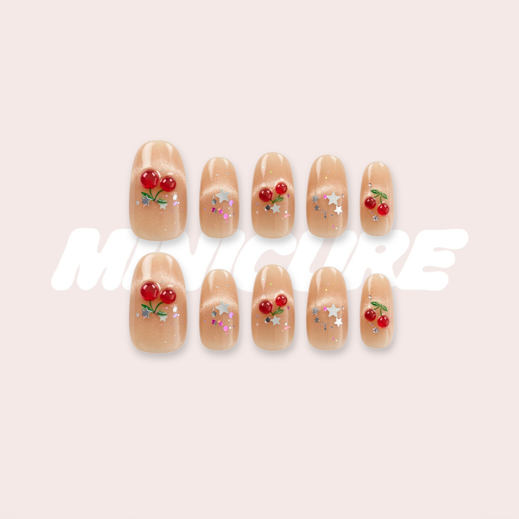 Y2K Cherry - 3D Cherry Coquette Shimmer Oval Press-On Nails (Short-Medium)