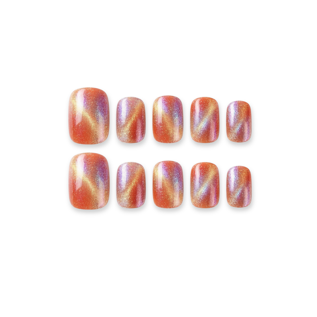 Multichrome Aura - Sunset Rainbow Cat Eye Square Press-On Nails (Short)