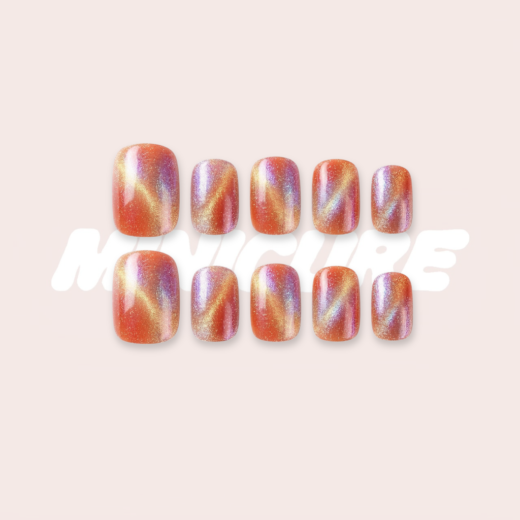 Multichrome Aura - Sunset Rainbow Cat Eye Square Press-On Nails (Short)