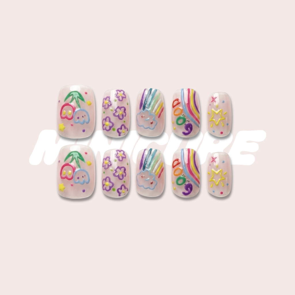 Moonlight Splash – Whimsical Rainbow Cloud Short Square Press-On Nails (Sequin + Glitter Layered Finish)