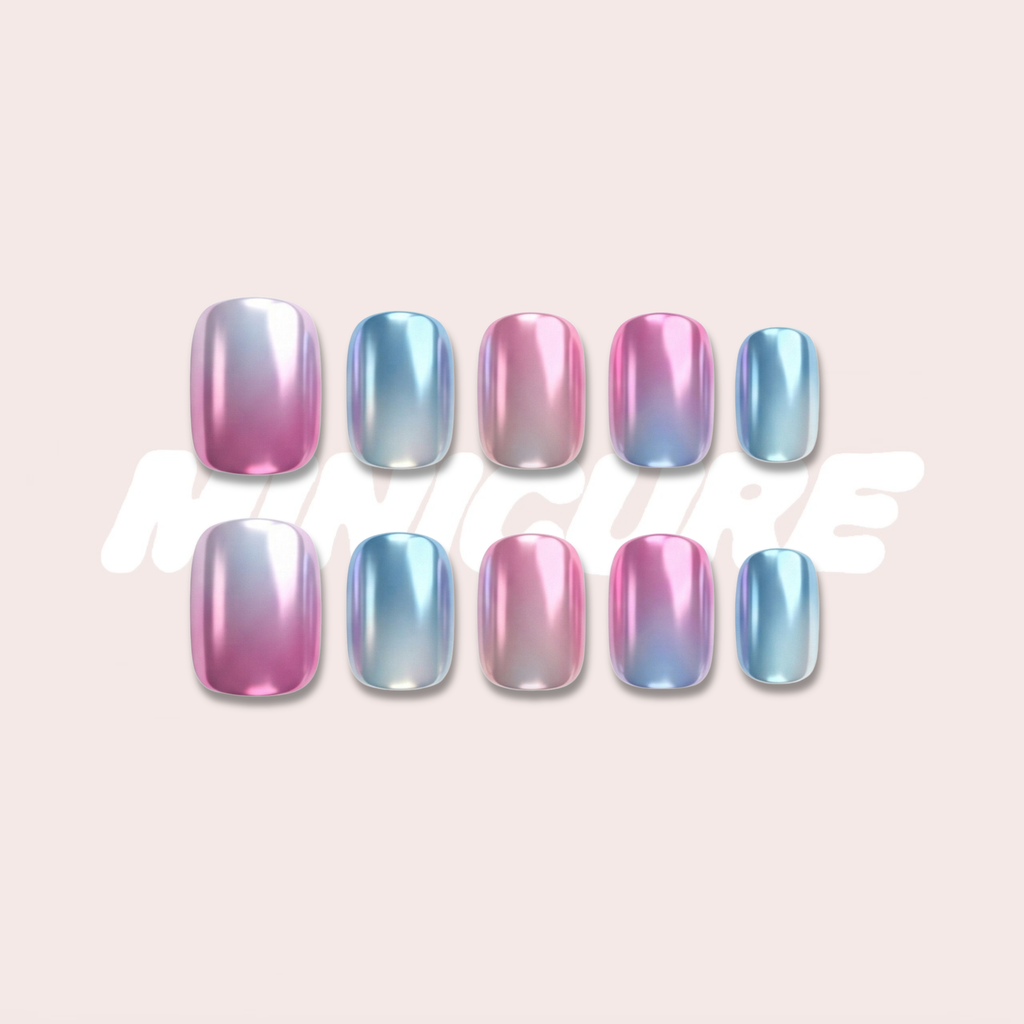 Bubblegum Aurora – Nude Base Iridescent Gradient Short Square Press-On Nails (Aurora Powder + Mirror Powder)