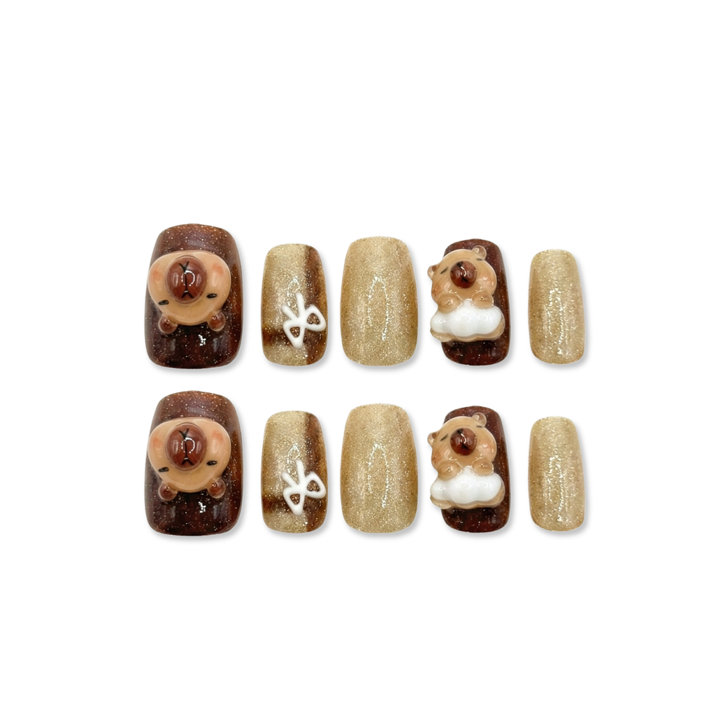 Capybara Surprise – Caramel-to-Brown Gradient Short Square Press-On Nails (3D Capybara + Bow, Cat-Eye Gel + Glitter)