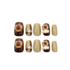 Capybara Surprise – Caramel-to-Brown Gradient Short Square Press-On Nails (3D Capybara + Bow, Cat-Eye Gel + Glitter)