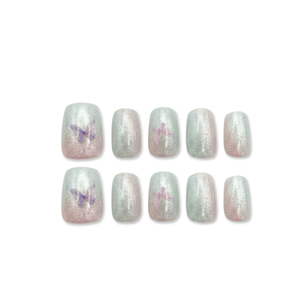 Butterfly Haze – Pink-Green Gradient Short Square Press-On Nails (Butterfly Accents + Cat Eye Shimmer)