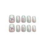 Butterfly Haze – Pink-Green Gradient Short Square Press-On Nails (Butterfly Accents + Cat Eye Shimmer)