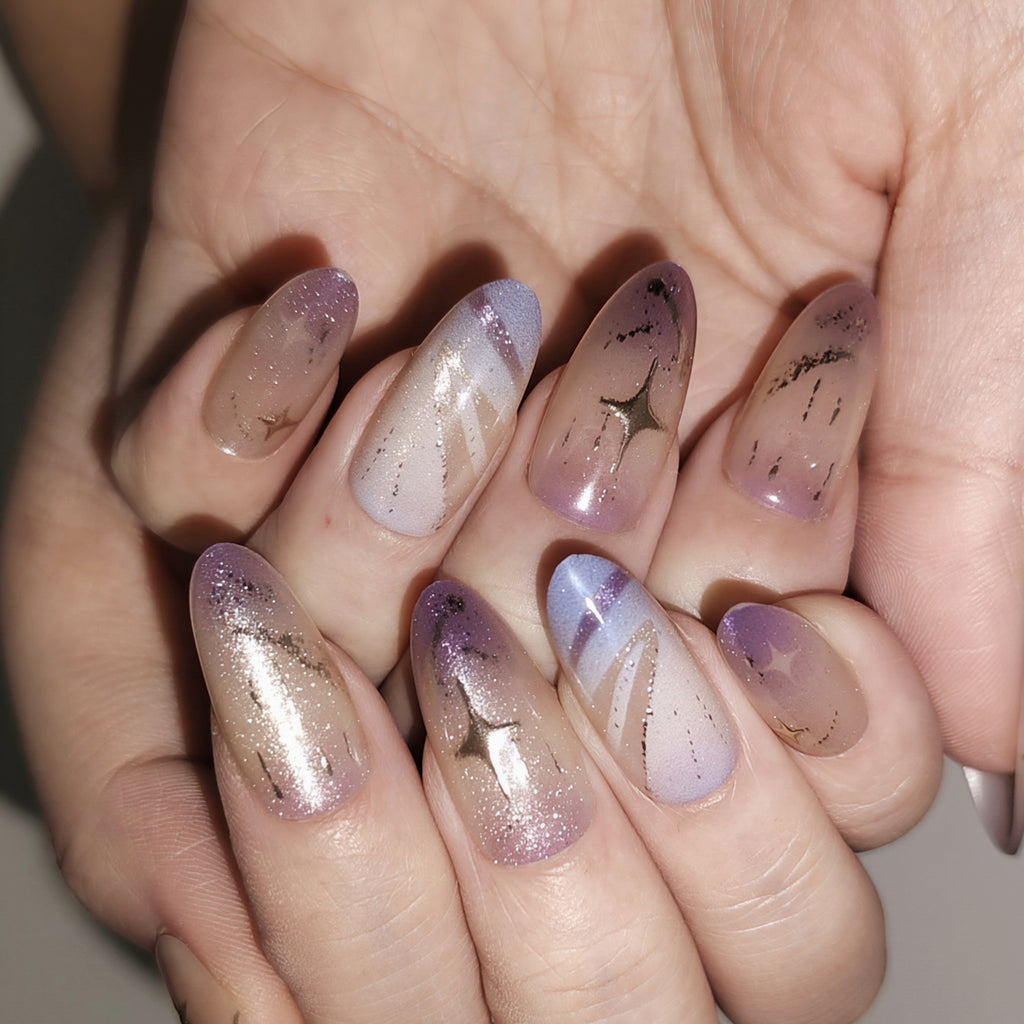 Purple Cosmos – Nude-Pink to Smoky Purple Long Oval Press-On Nails (Gold Foil + Iridescent Shimmer)